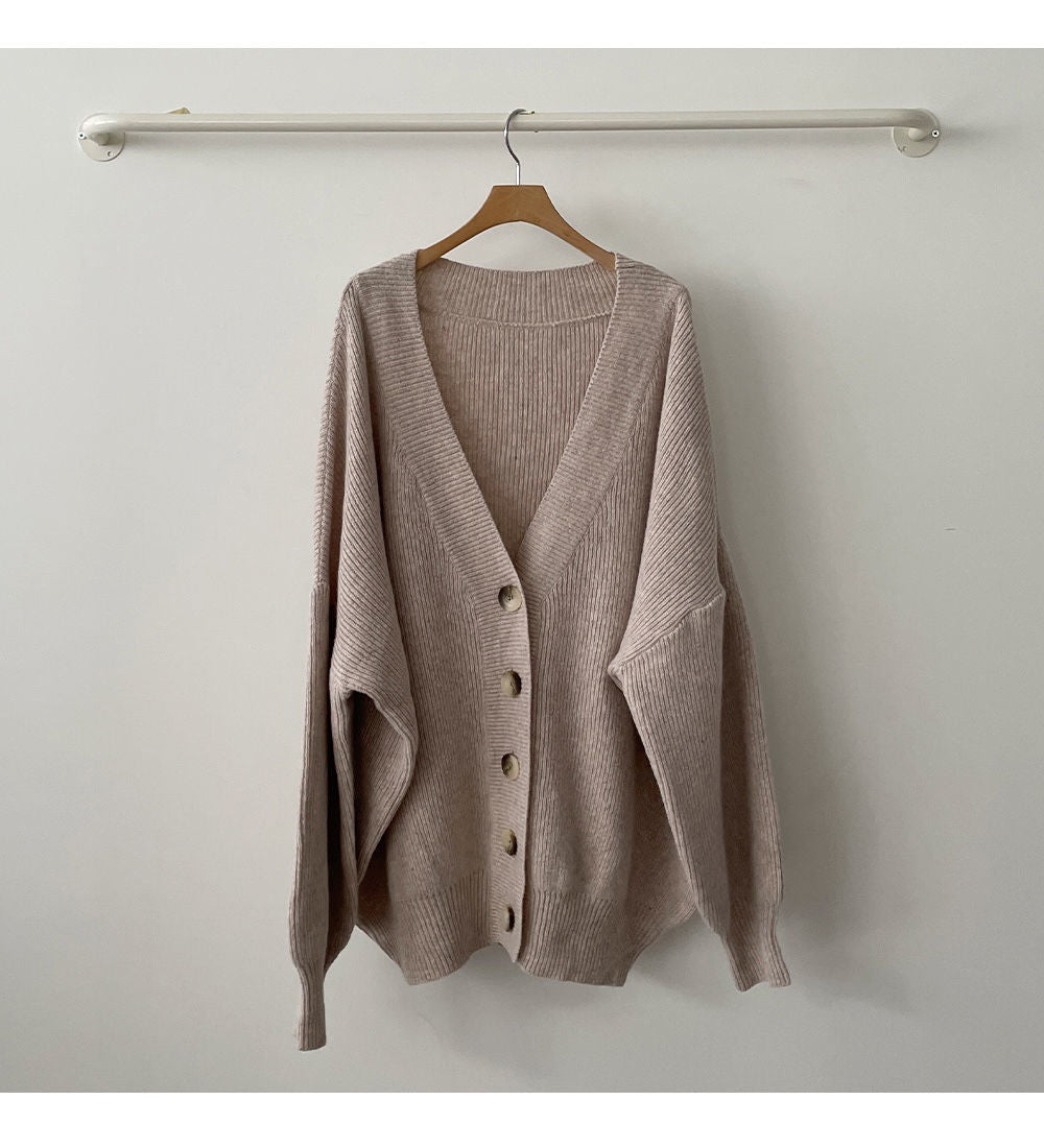 Maxct Preppy Solid Color V Neck Baggy Cardigan
