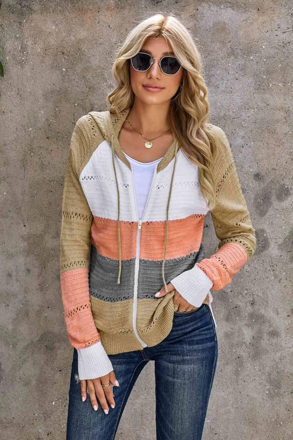 Maxct &Zip-Up Raglan Sleeve Openwork Hooded Cardigan - Image 4