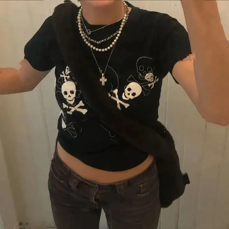 Maxct Punk Style Hip Hop Crop Top Harajuku Skeleton Graphic T-shirt Gothic Grunge Hollow Out Tees Women Vintage Clothes