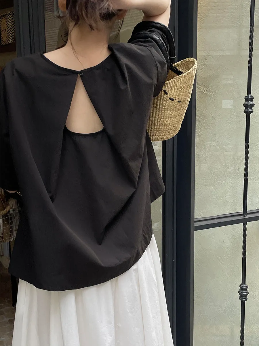 Maxct Back Hollow Round Neck Simple T-Shirt