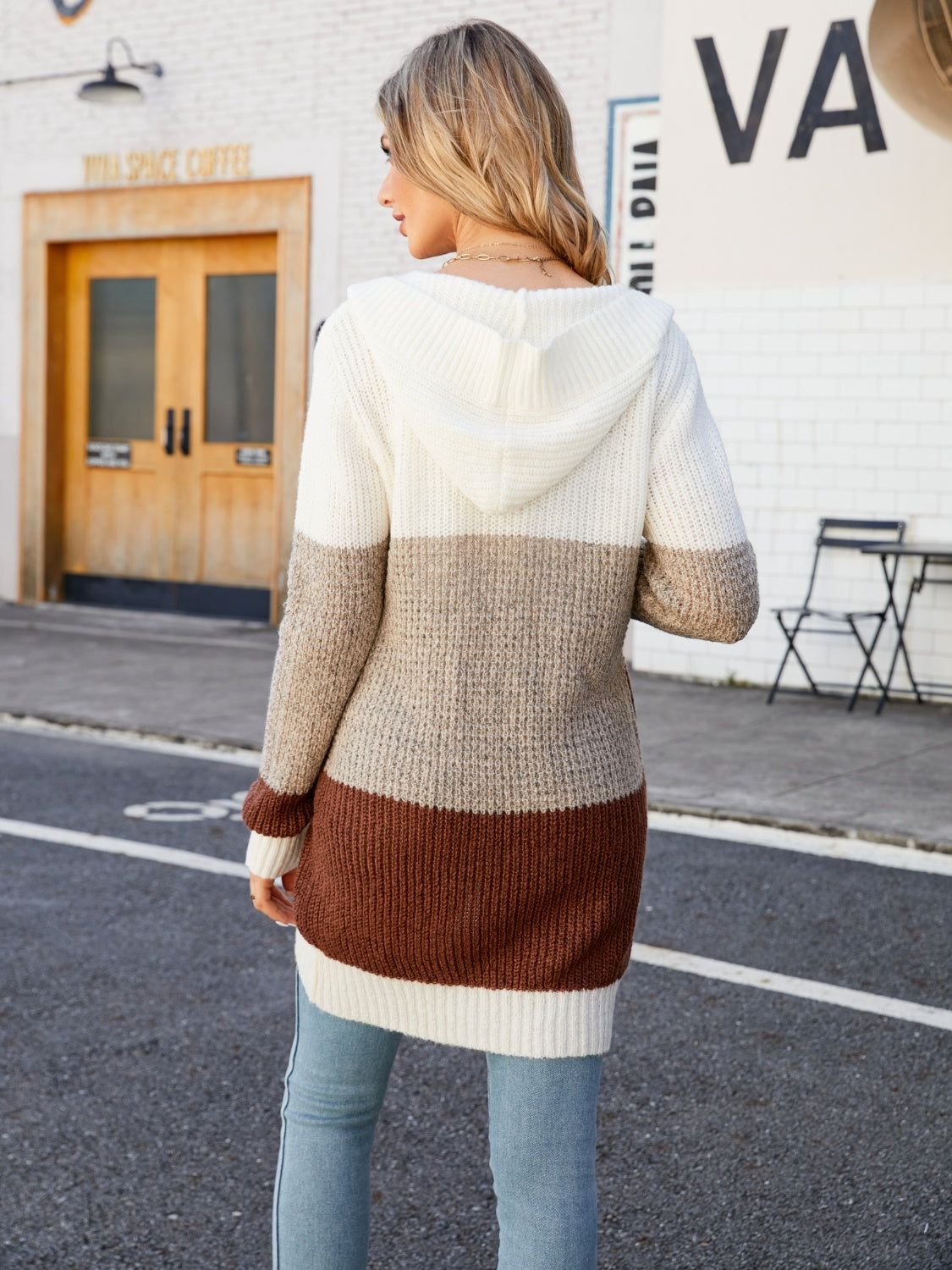Maxct &Color Block Open Front Hooded Cardigan