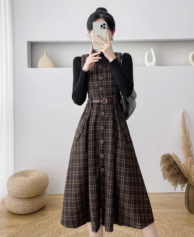 Button Up Plaid Pinafore Dress Maxct