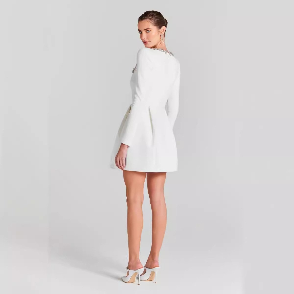 Maxct 2024 New Women's White French Square Collar Diamond Long Sleeve Bandage Dress Summer High-end Sense - Image 4