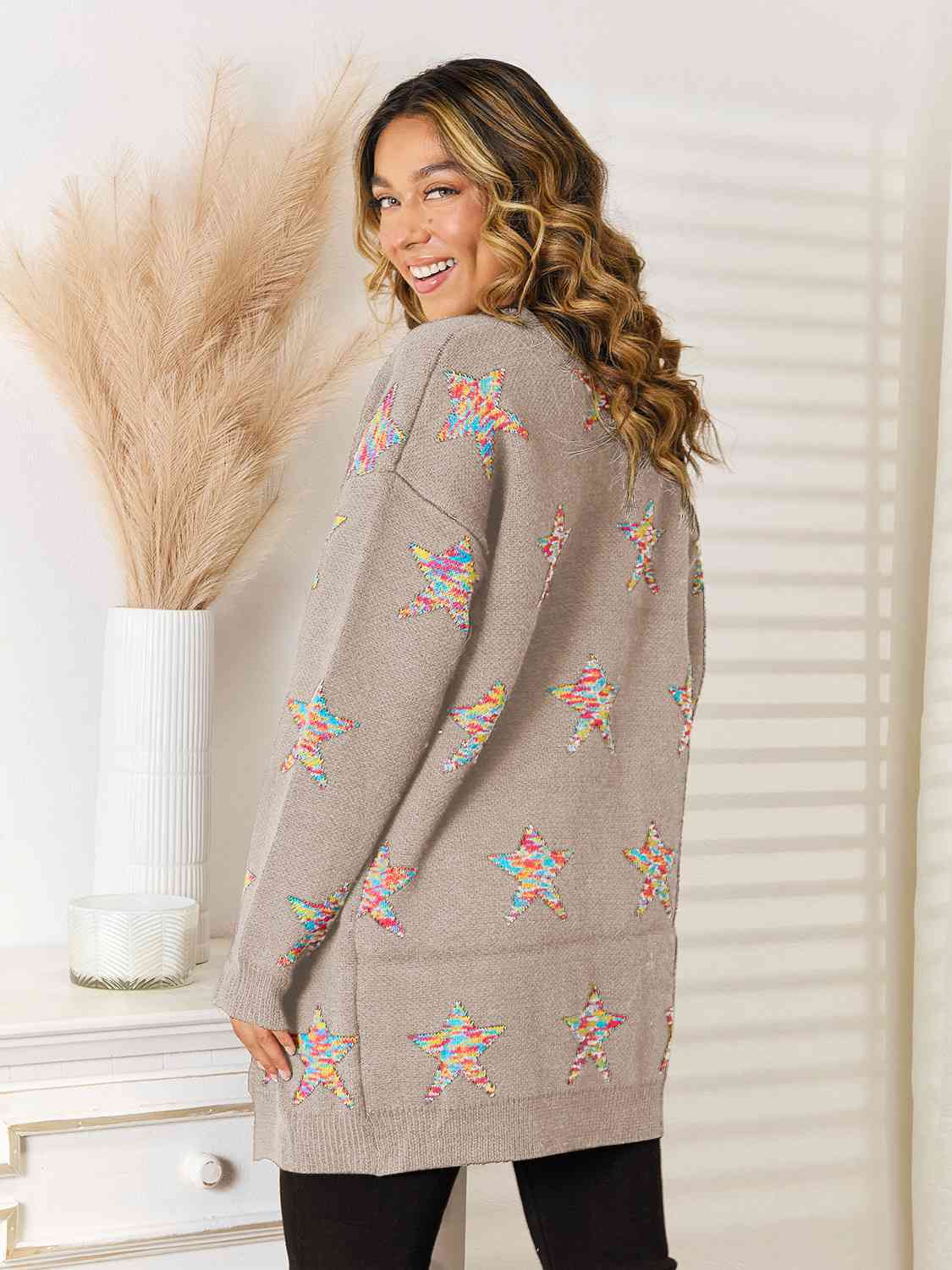 Maxct &Star Pattern Open Front Cardigan with Pockets