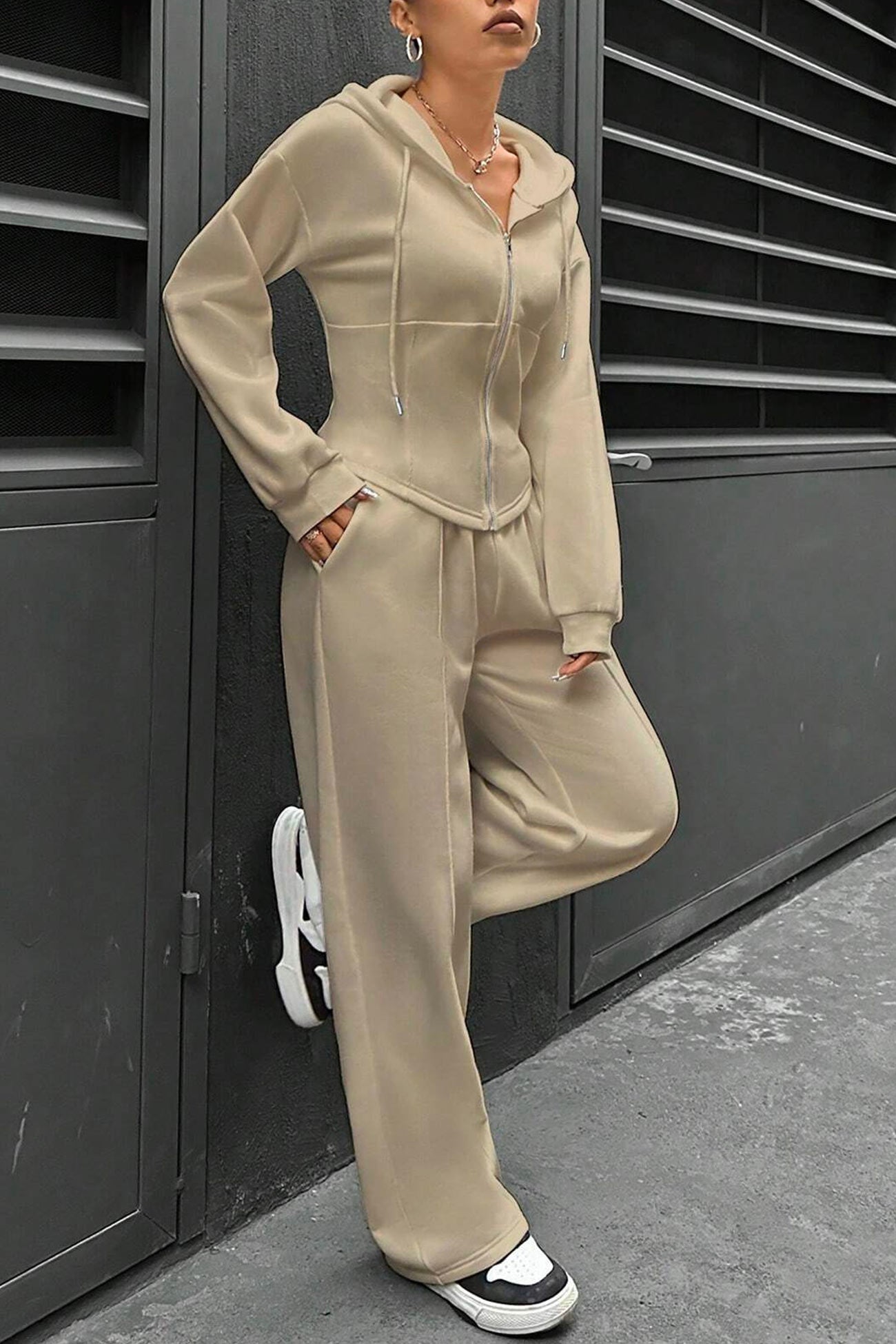 Maxct Solid Slim Fit Hoodie Pants Suits