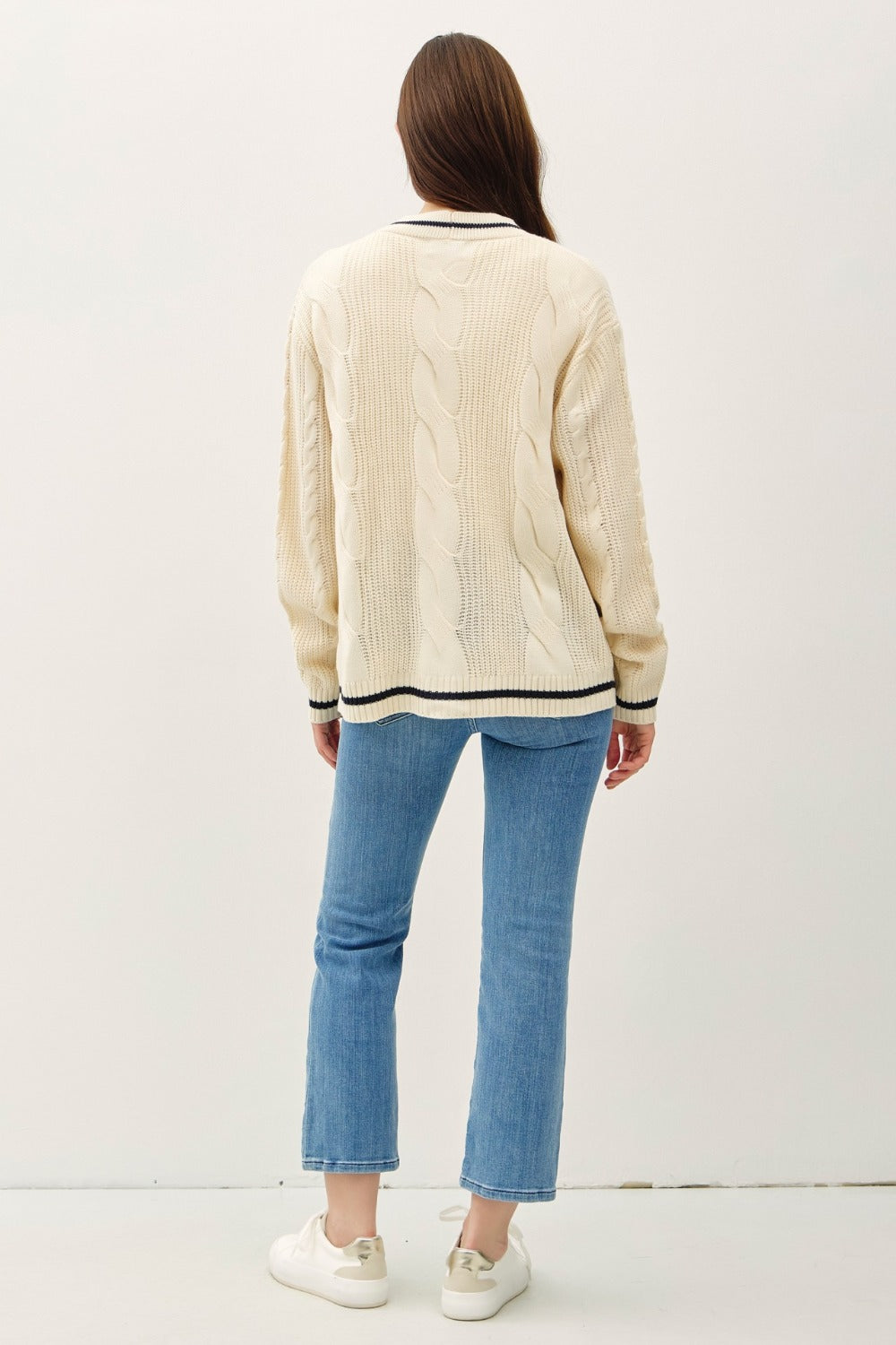 Maxct &Be Cool Contrast Trim Cable-Knit V-Neck Cardigan