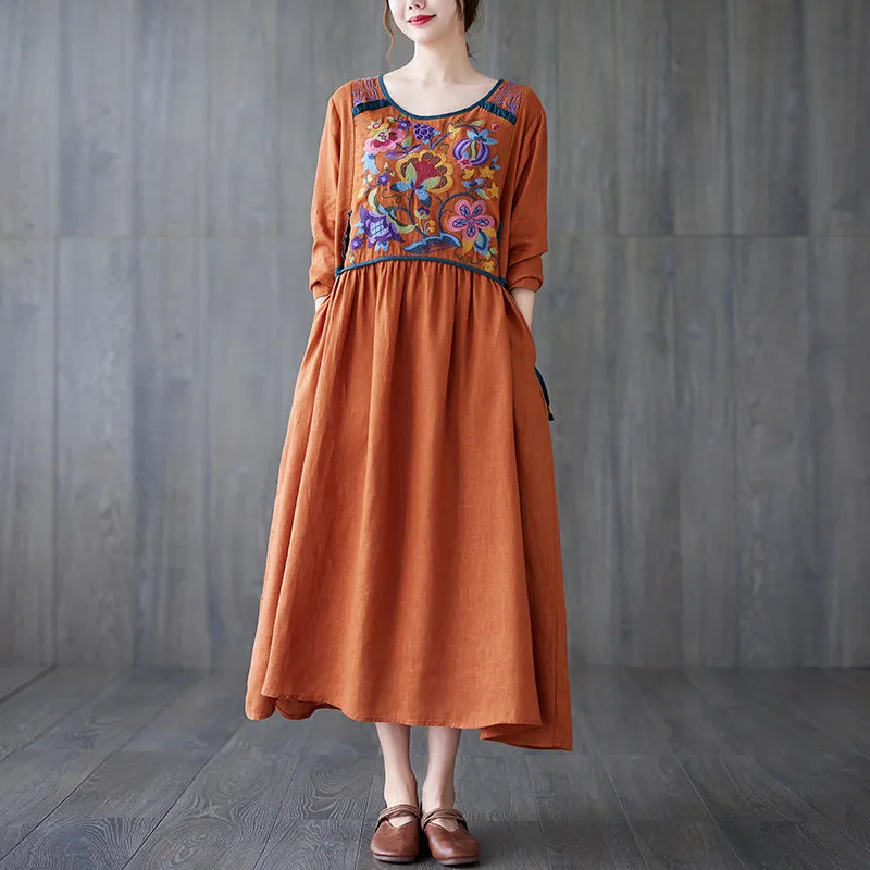 Maxct Women Autumn Retro Embroidery Cotton Linen Dress