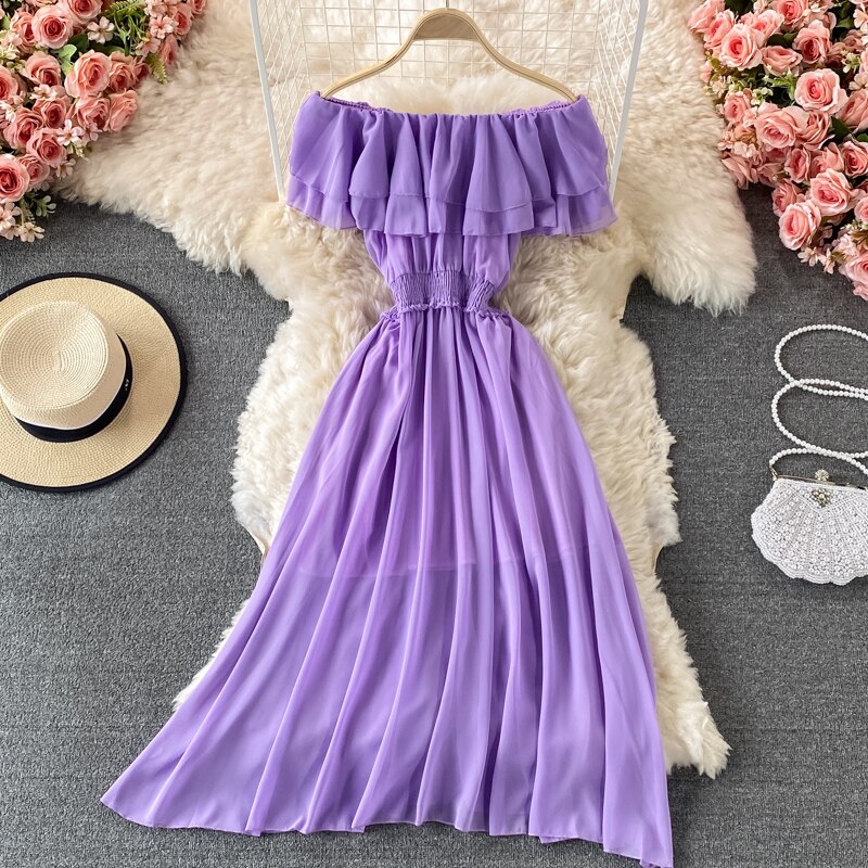 Chiffon Dress Women Sexy Slash Neck Ruffle Robe Elegant Ruffle High Waist Vestidos Female Beach Vacation New