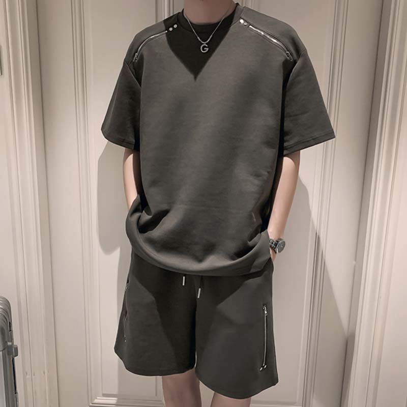 Maxct Zip Trim Short Sleeves Shorts Casual Two-Piece Suits