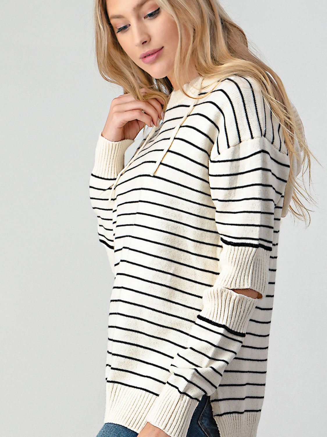 Maxct &Shiny Striped Cutout Slit Sweater