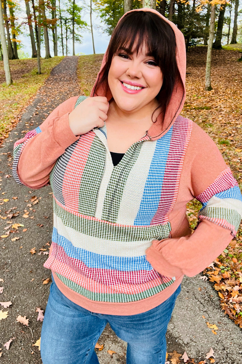 Maxct &Feeling Vintage Rust & Blue Stripe Textured Notched Hoodie