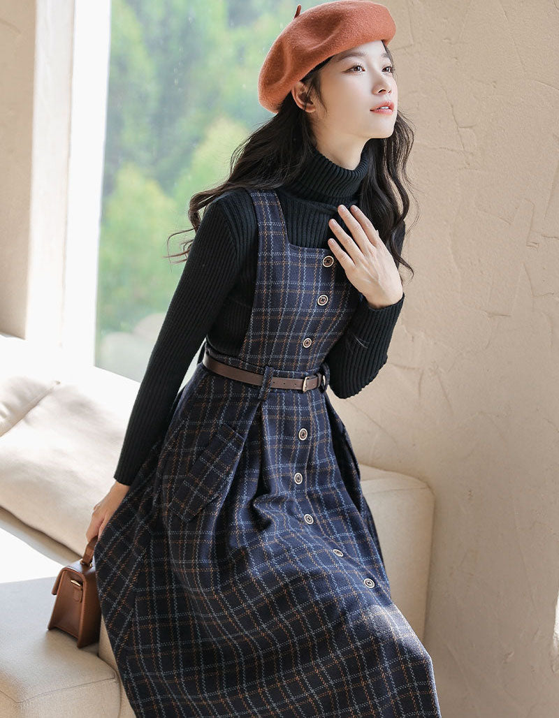 Button Up Plaid Pinafore Dress Maxct