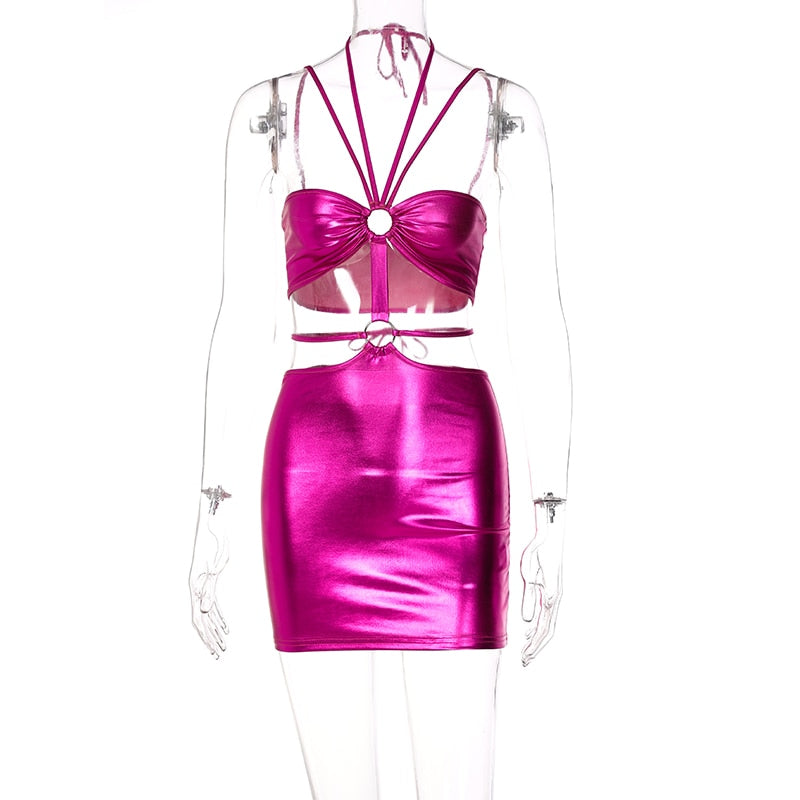 Voguable  Solid Sleeveless Bodycon Halter Hollow Out Mini Dress  Streetwear Outfits Y2K Maxct