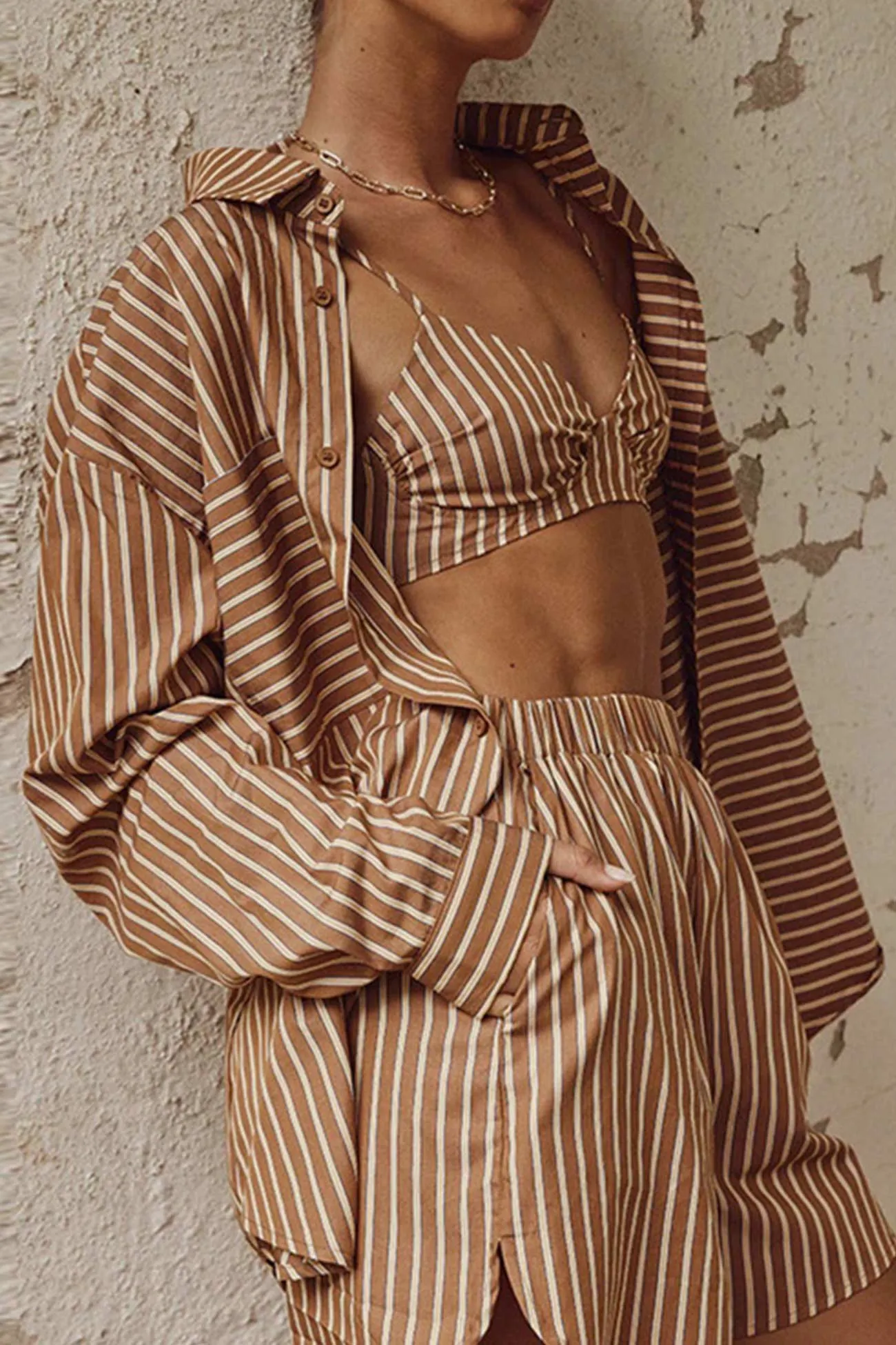 Maxct-Long Sleeve Shirt Vest Three-piece Shorts Set