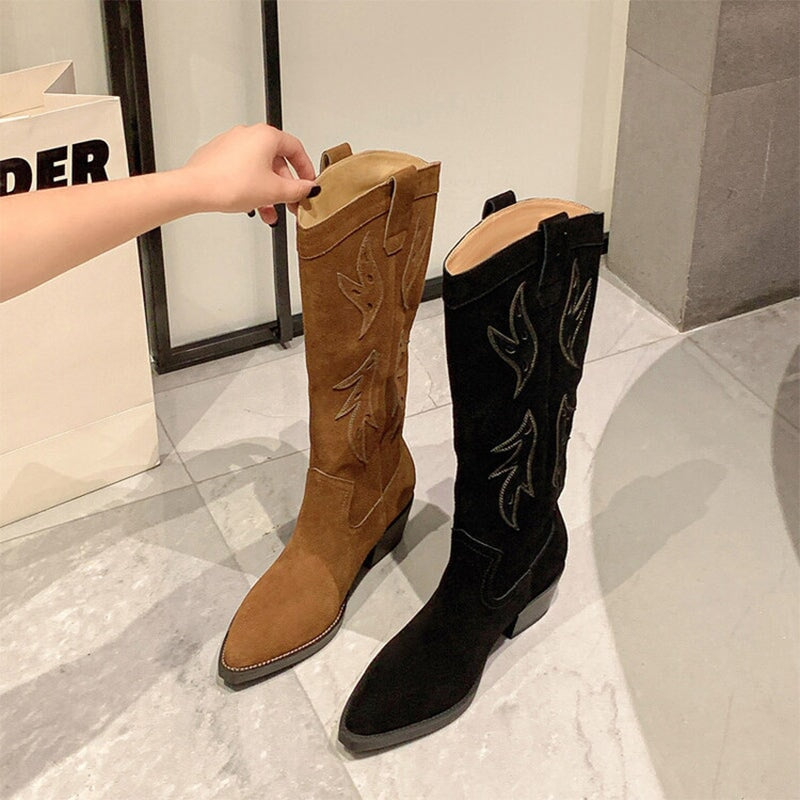 Women's Suede Western Embroidered Knee High Boots Block Heel - Black/Brown Maxct