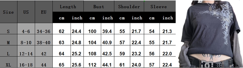 Japanese Edgy 00s Retro Gothic Emo T-shirt Cyber Y2K Grunge Mall Goth Top Patchwork Full Sleeve Baggy Pullovers Tees