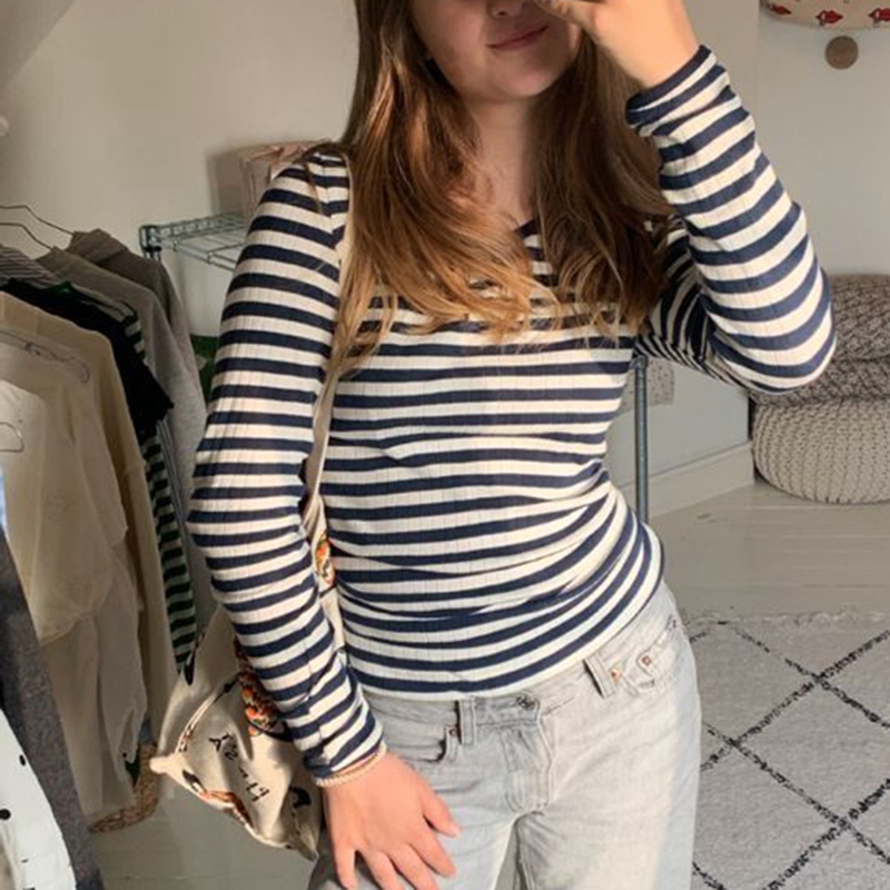 Vintage Preppy Style Y2K Crop Tops Clothes Cottage Striped Rib Knitted T-shirt Women Long Sleeve Casual Basic Tees Pullovers