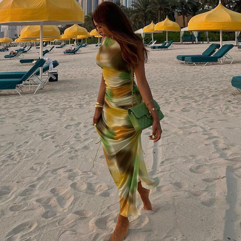 Maxct Style Fashion Printed Mesh Perspective Sexy Sleeveless Round Neck Bag Hip Split Dress Beach Holiday Trendy Women