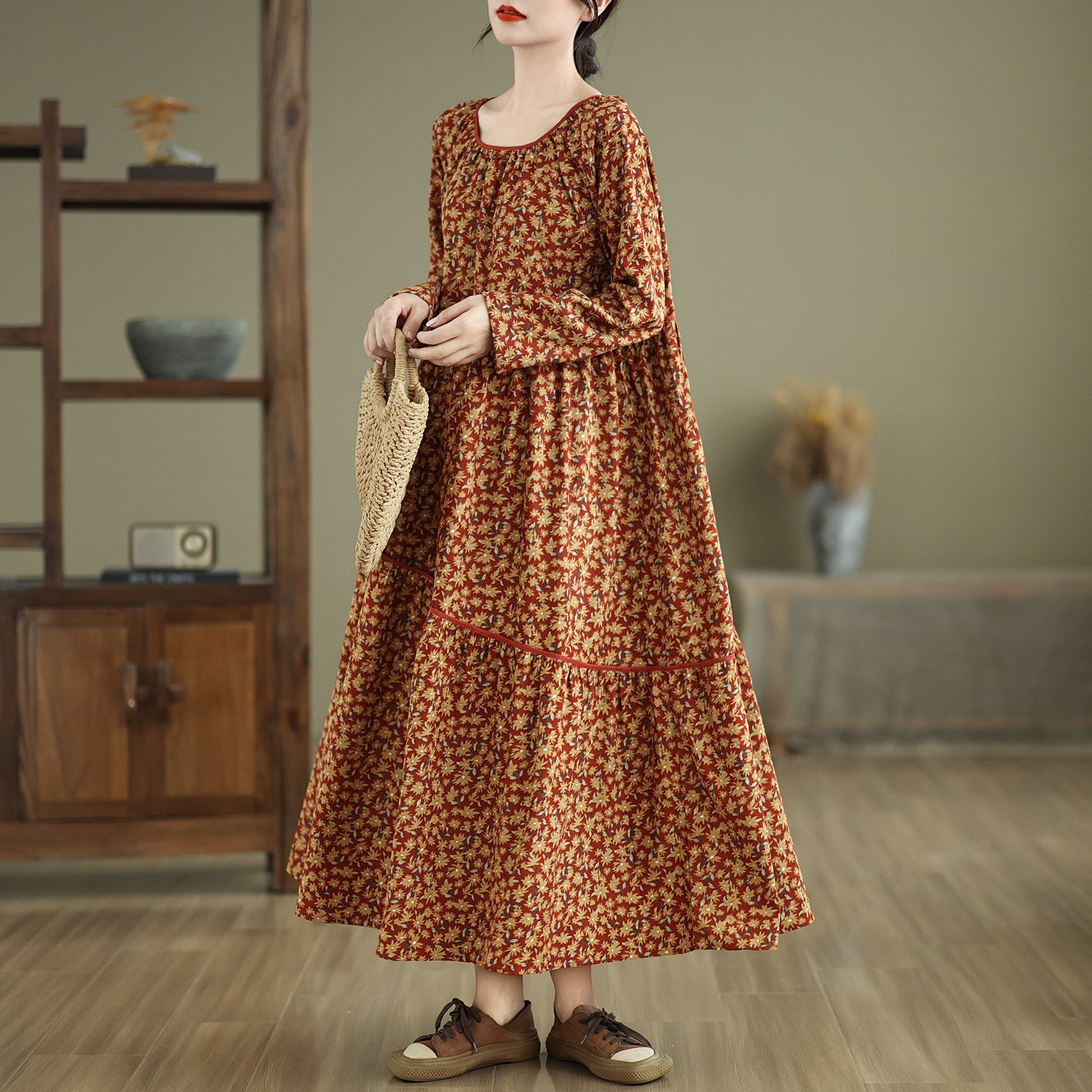 Maxct Women Autumn Retro Loose Cotton Corduroy Printed Dress