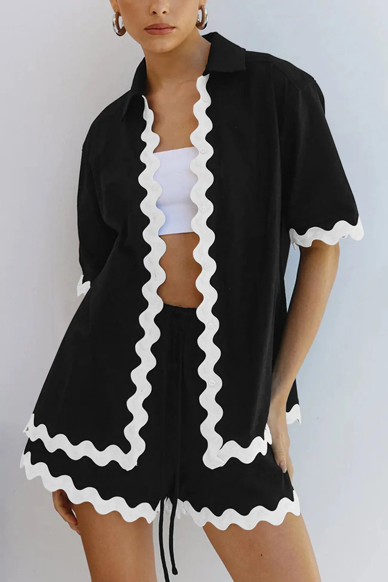 Maxct Contrast Wavy Shirt Two-piece Shorts Set