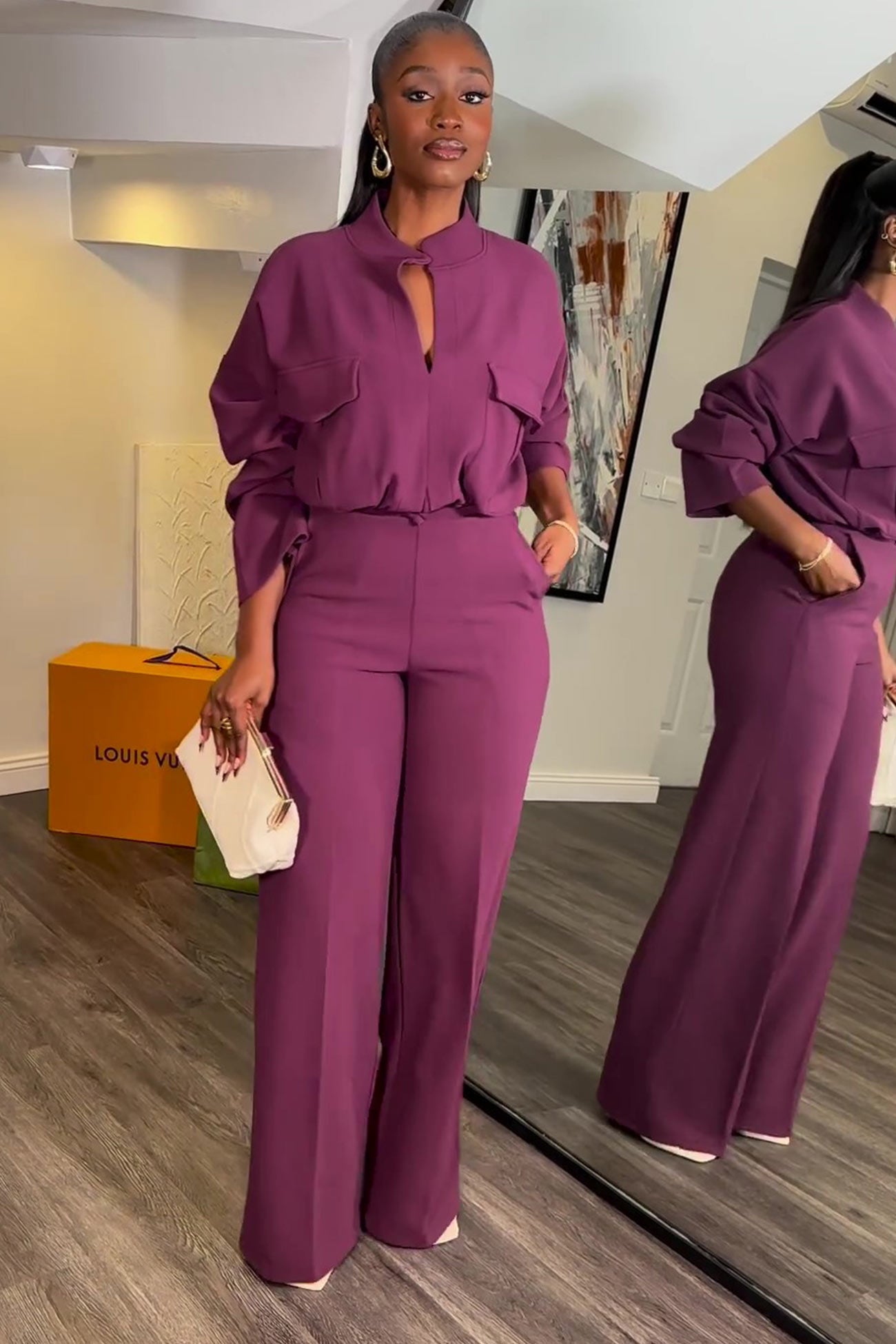 Maxct-V Neck Blouse Wide Leg Long Pants Suits
