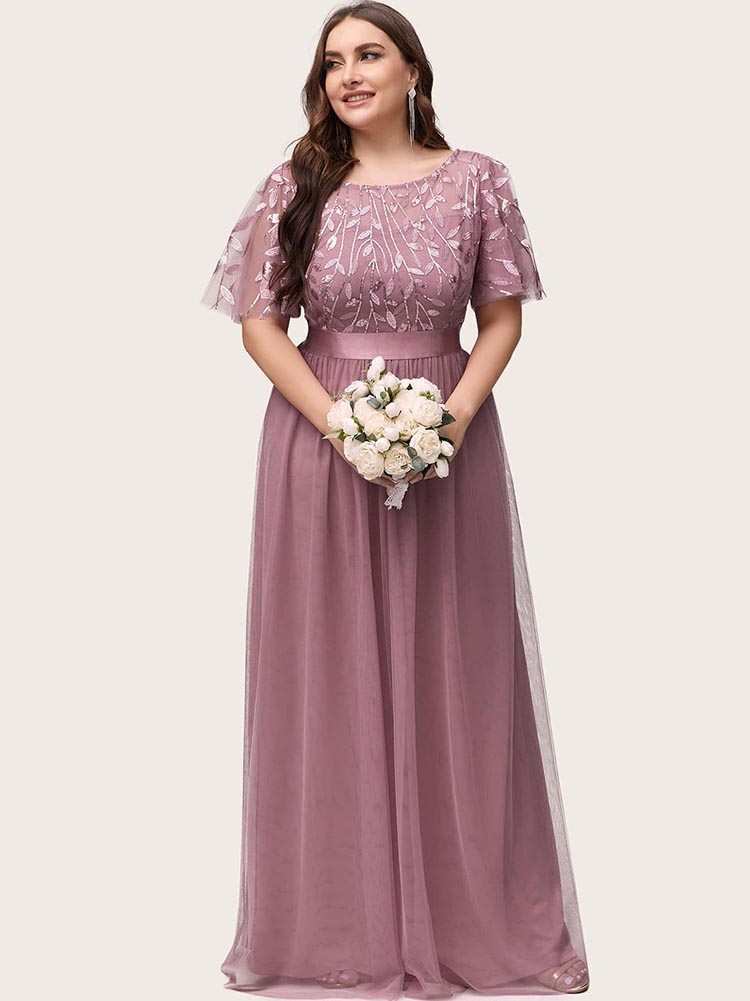 Leaf Sequin Bodice Mesh Party Dress Maxct