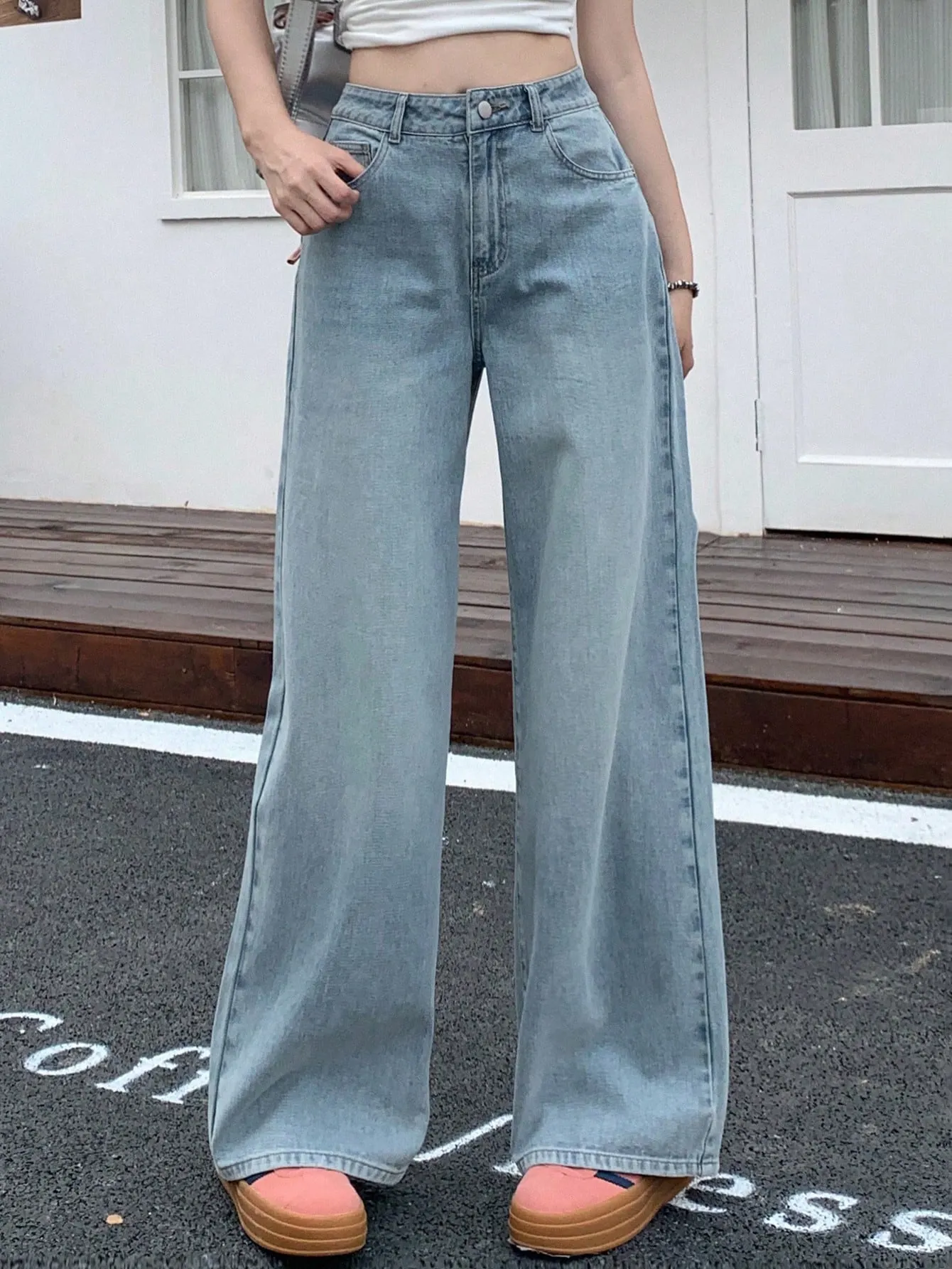 Maxct Women's Fashionable Wide-Leg Denim Pants, Solid Color, Loose Fit