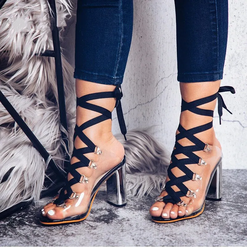 Square-Heeled PVC Transparent Cross-Tied Sandals Maxct