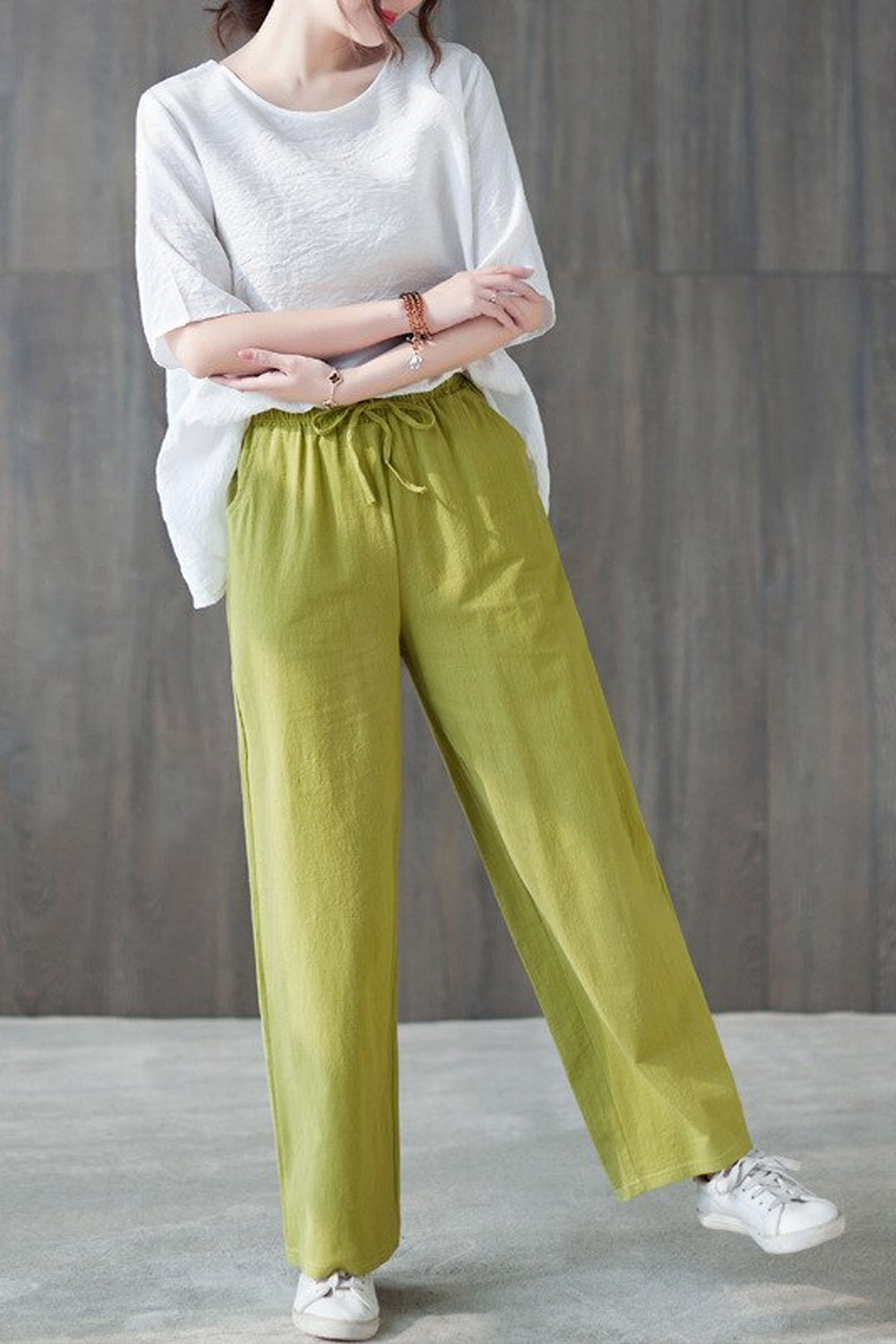 Cotton Linen Elastic Waist Colors Wide Leg Pants Maxct
