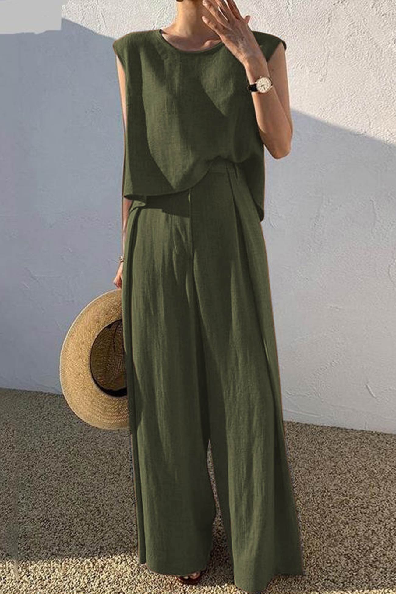 Maxct Cotton Solid Tank Pants Suits