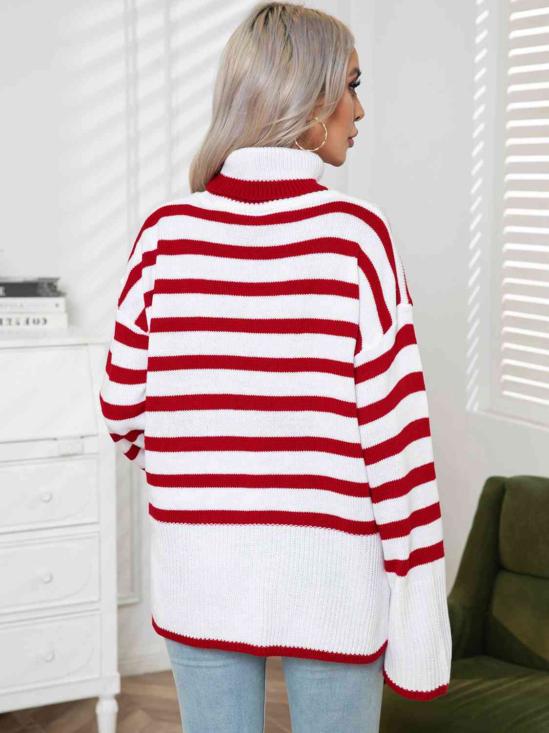 Maxct &Striped Slit Turtleneck Drop Shoulder Sweater