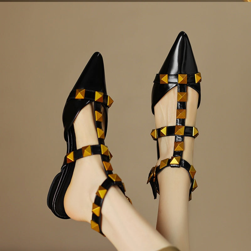 T Strap Rockstud Ankle-strap Flat Sandals Point Toe Slingback Maxct