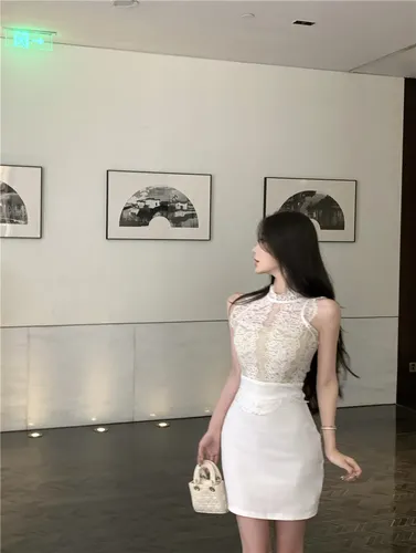 Maxct Spicy Girl Lace Stitching Dress Women Summer White Temperament Waist Sleeveless Wrap Hip Short Dress Fashion Lady Clothes