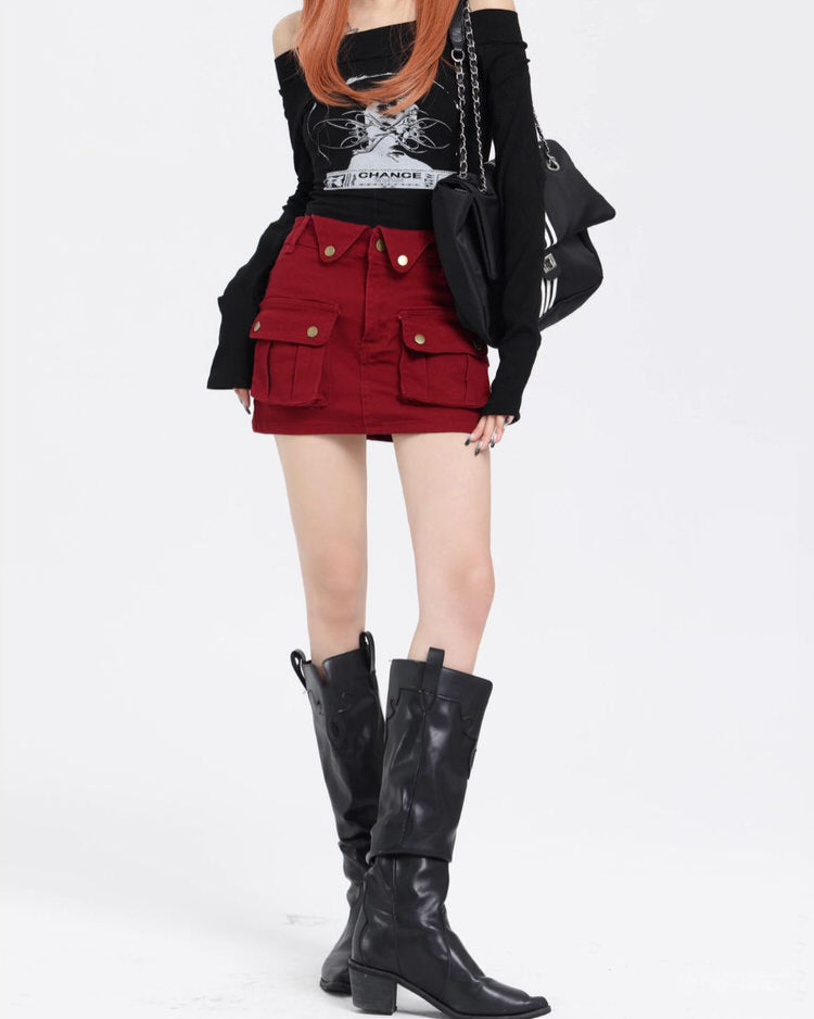 Wine Red Zip Front Mini Skirt Maxct