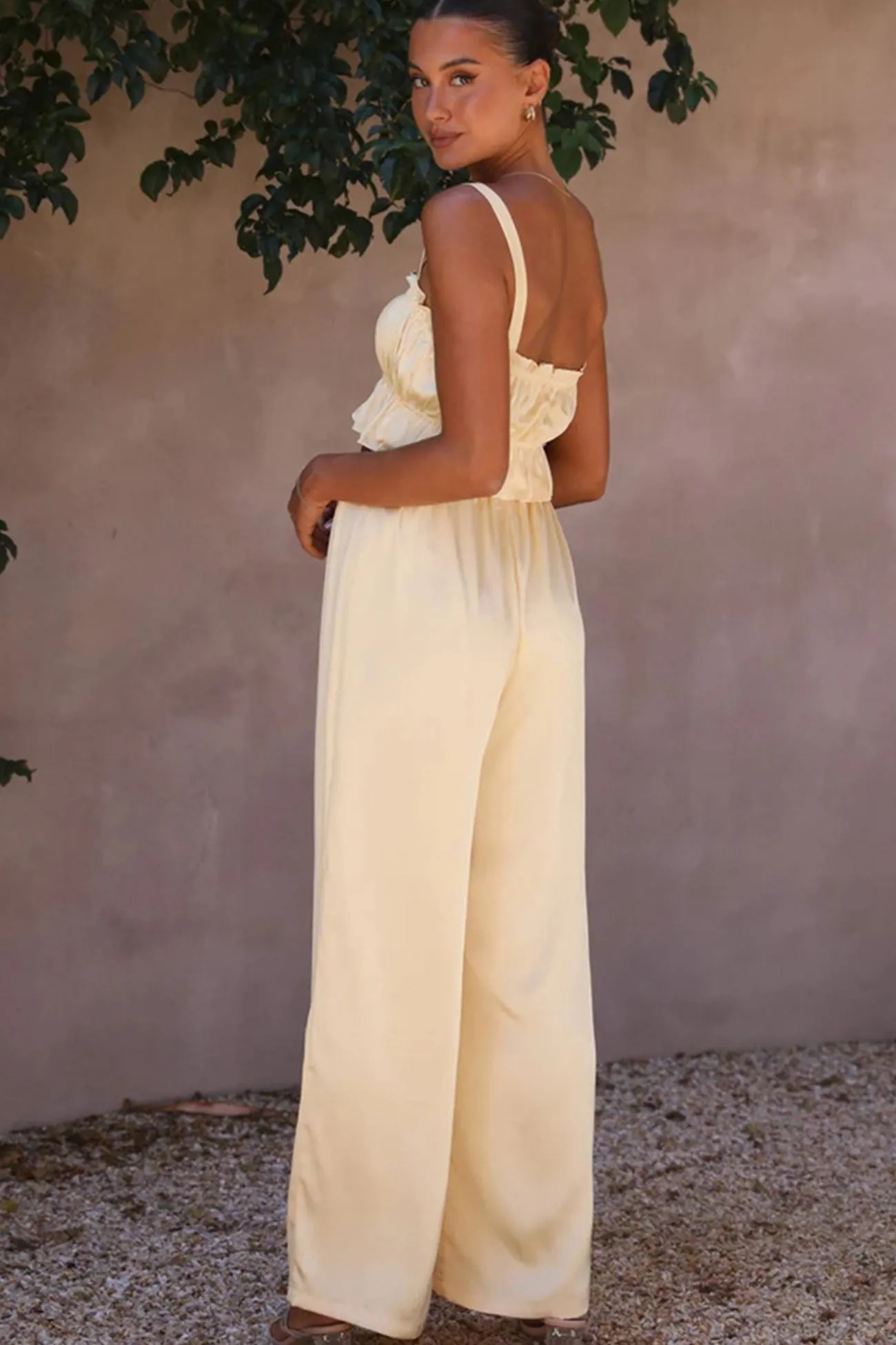 Maxct Smocked Ruffle Cami Crop Top Wide Leg Long Pants Set