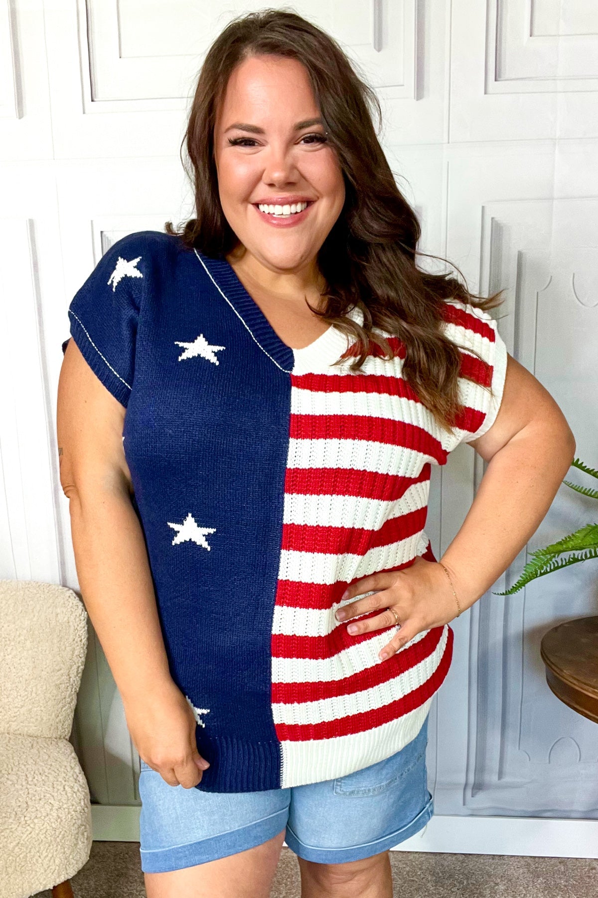 Maxct &Stars & Stripes Americana V Neck Dolman Sweater Top