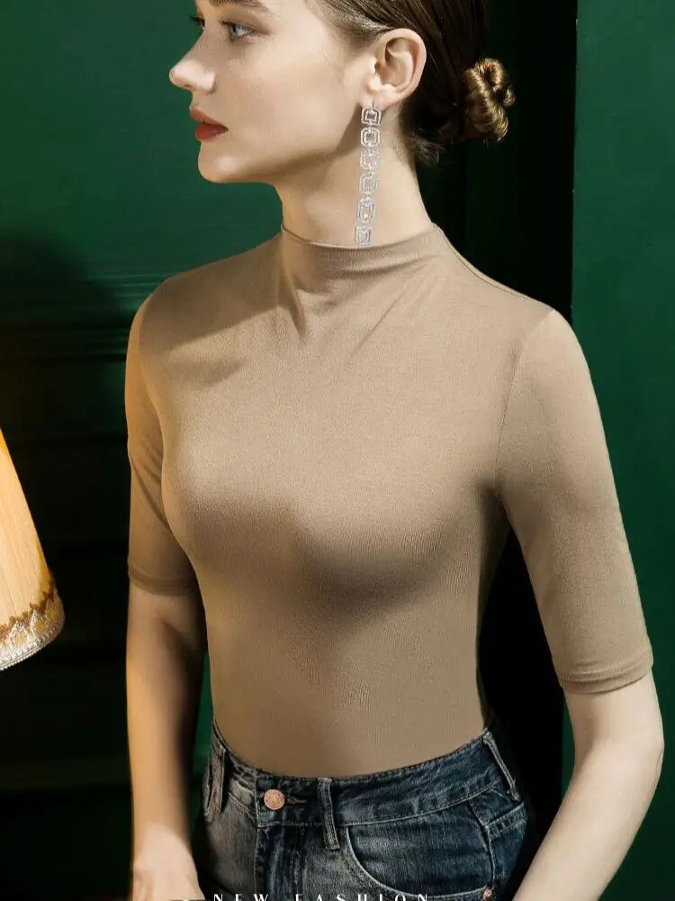 Maxct Modal Tshirt Top Women Half Sleeve Turtleneck T-shirts Tees Girl Solid Slim Basic Undershirt T shirt