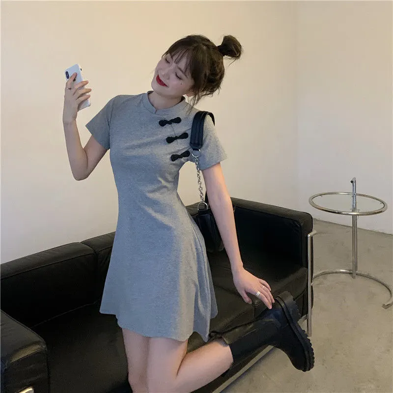 Maxct Short Sleeve Dress Women O-neck Slender Vintage Chinese Style Qipao Students Kawaii 4XL Sweet Mini Dresses Leisure Sexy