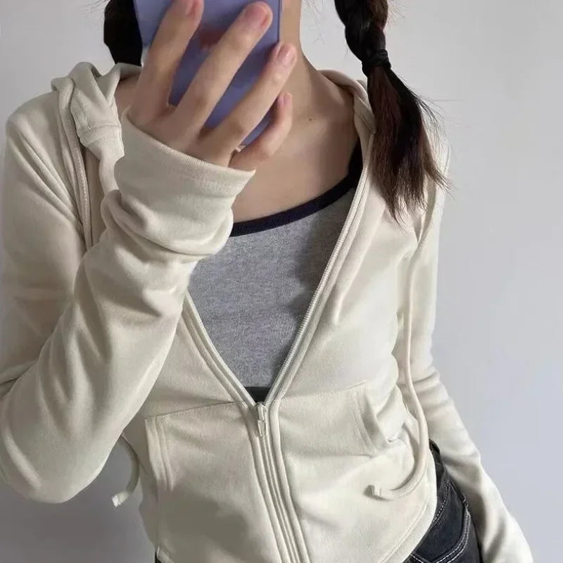 Maxct- Vintage Zip Up Cropped Hoodies Women Korean Style Streetwear Hooded Sweatshirts Kpop Solid Color Y2k Long Sleeve Tops