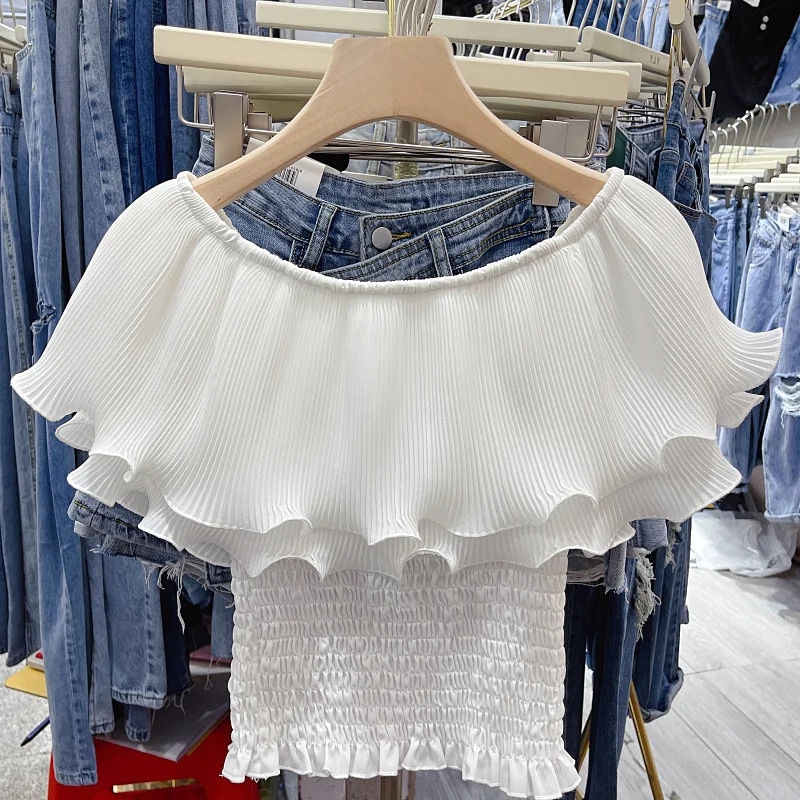 Maxct Sweet Cropped T-shirt Women Beading Ruffles Slash Neck Crop Tops Girls High Stretchy Fashon Tee Shirts
