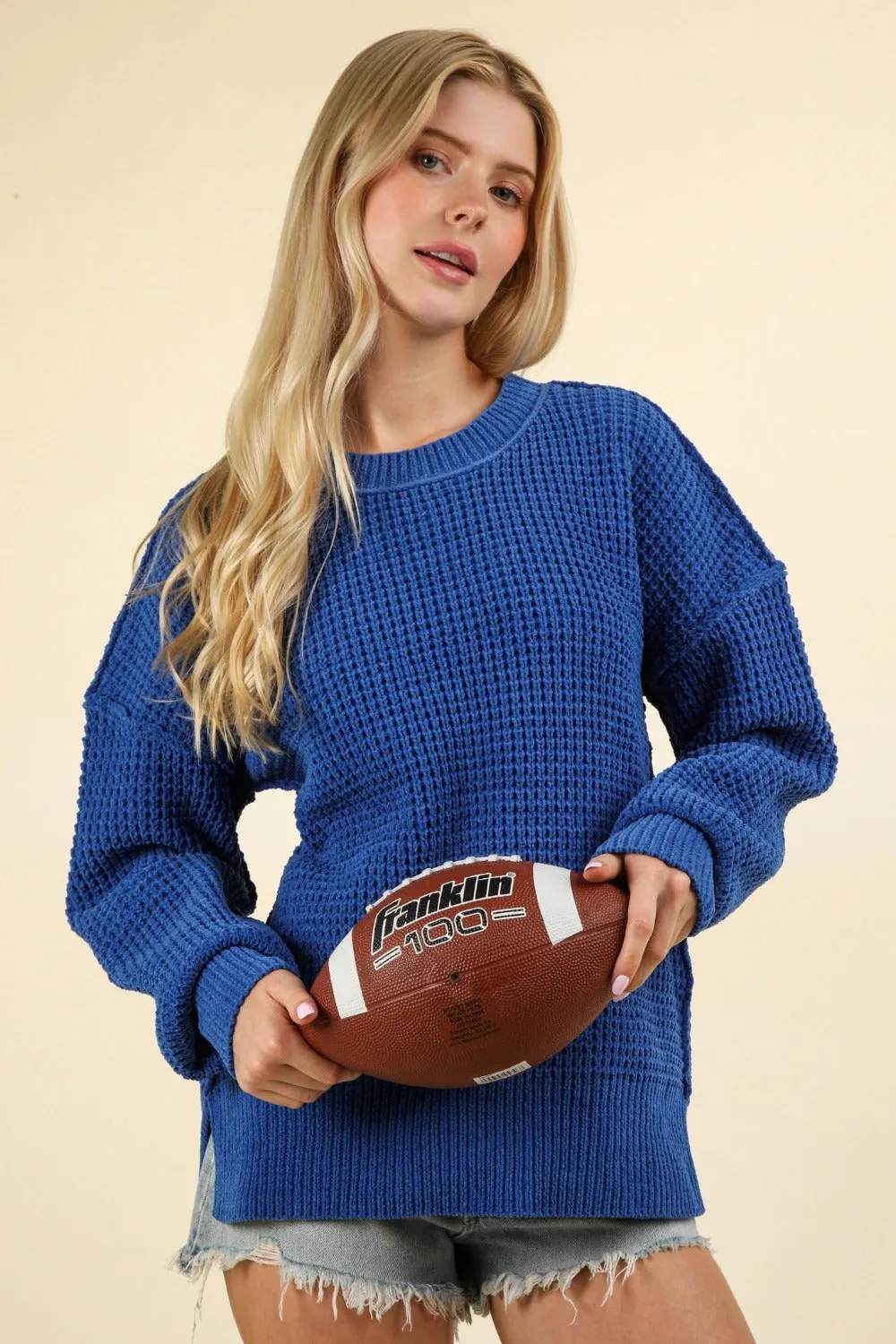 Maxct &VERY J Waffle-Knit Exposed Seam Round Neck Sweater