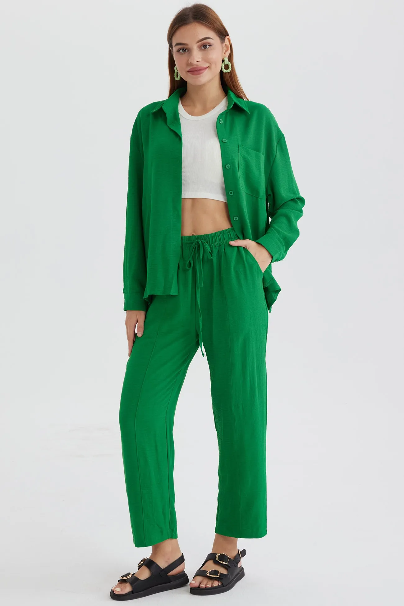 Maxct Long Sleeve Solid Color Shirt Long Pants Set - Image 35