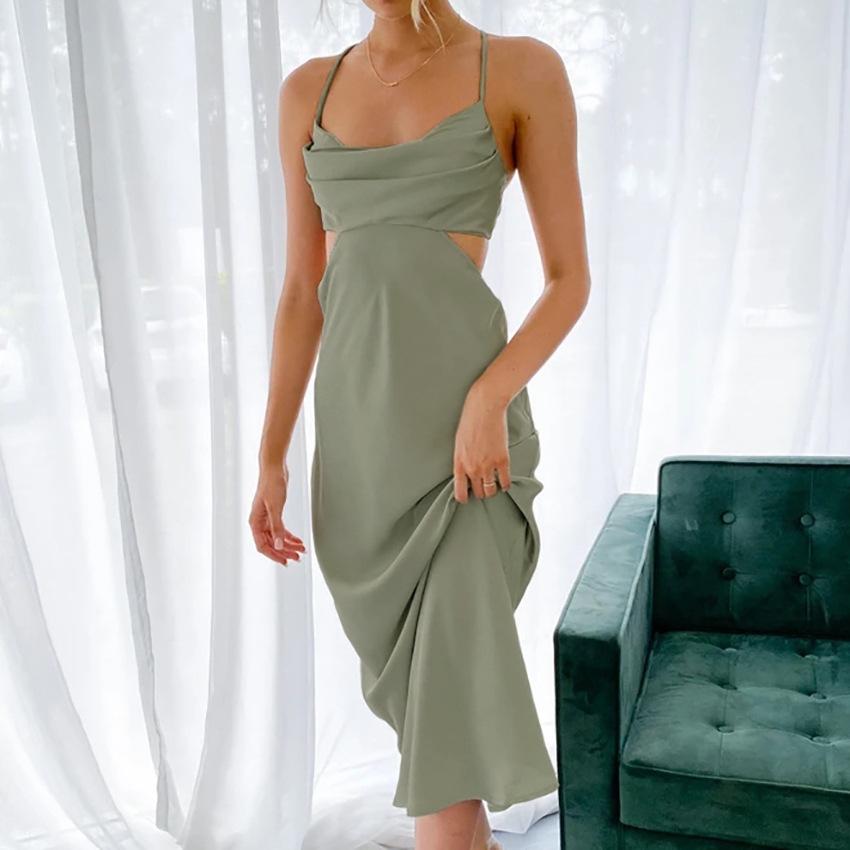 Maxct dress Summer New Satin Solid Color Sling Dress Women's Sexy Hollow Backless Inner Dress