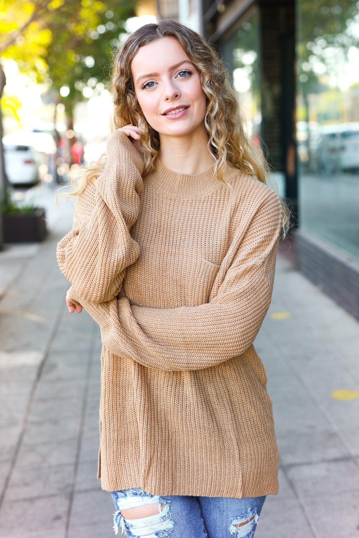 Maxct &Classy Chic Taupe Mock Neck Chest Pocket Knit Sweater