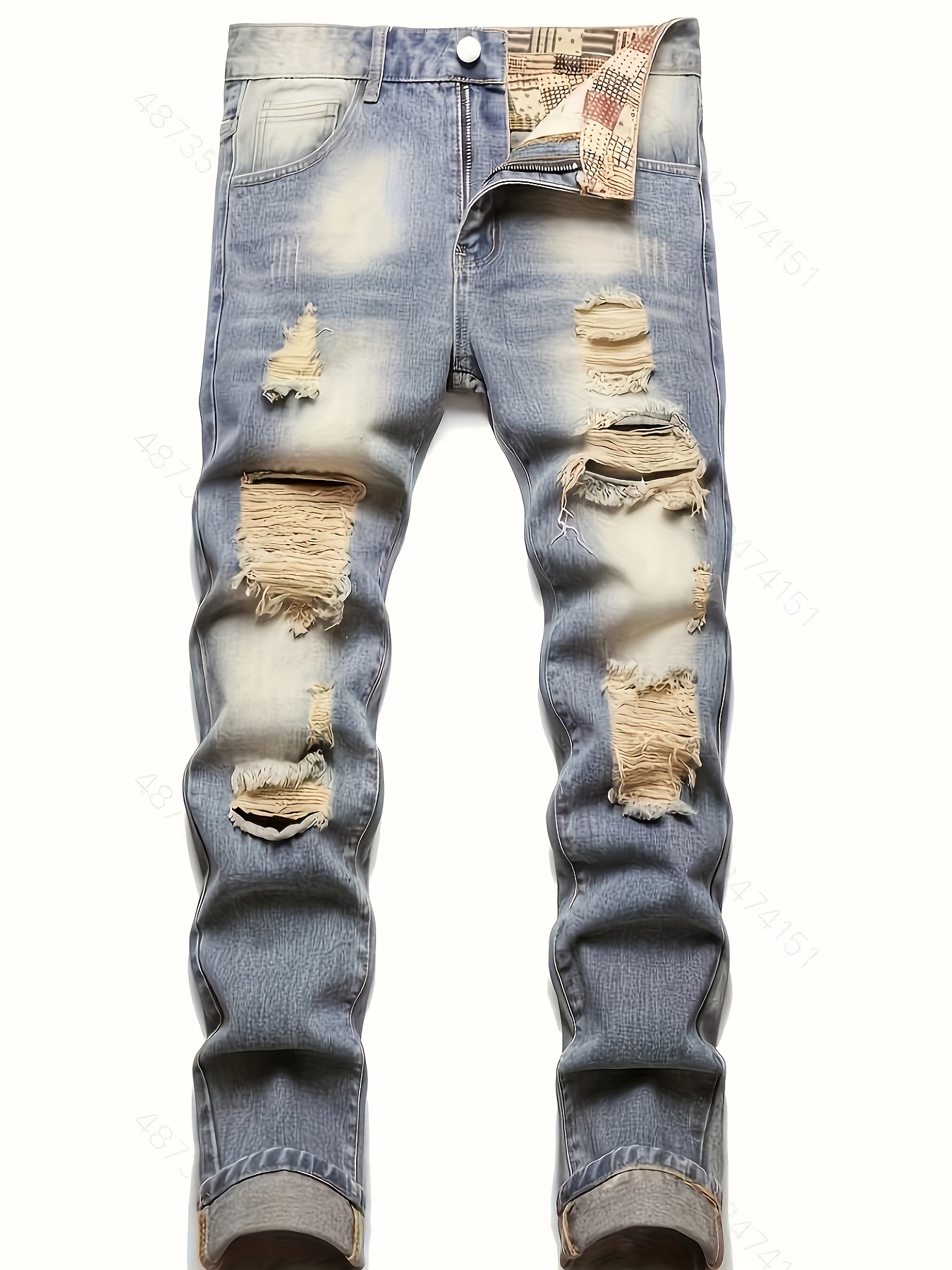 Regular Fit Ripped Jeans, Men's Casual Street Style Distressed Denim Pants For All Seasons
