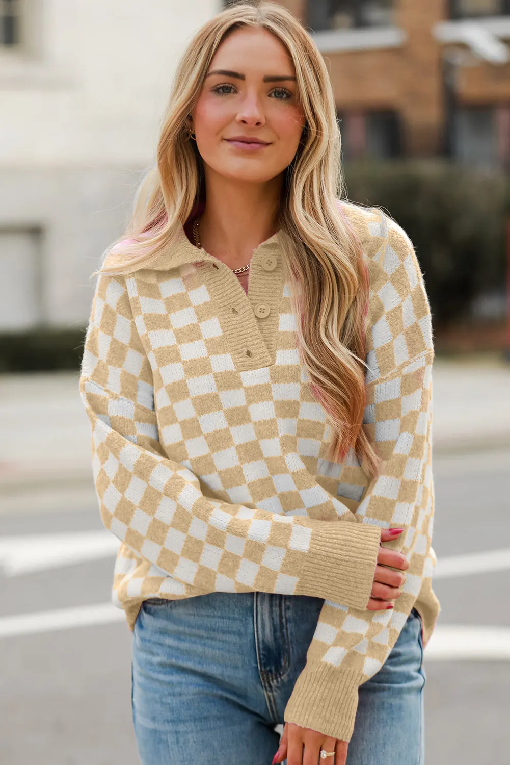 Maxct &Checkered Collared Neck Long Sleeve Sweater