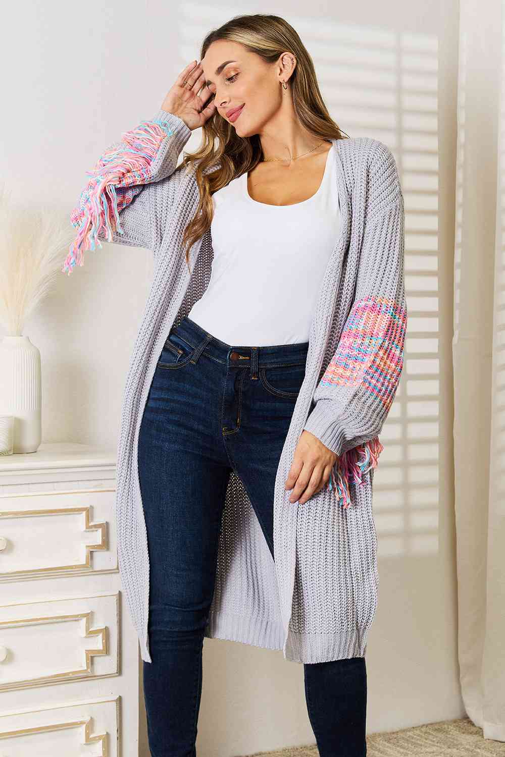 Maxct &Woven Right Fringe Sleeve Dropped Shoulder Cardigan