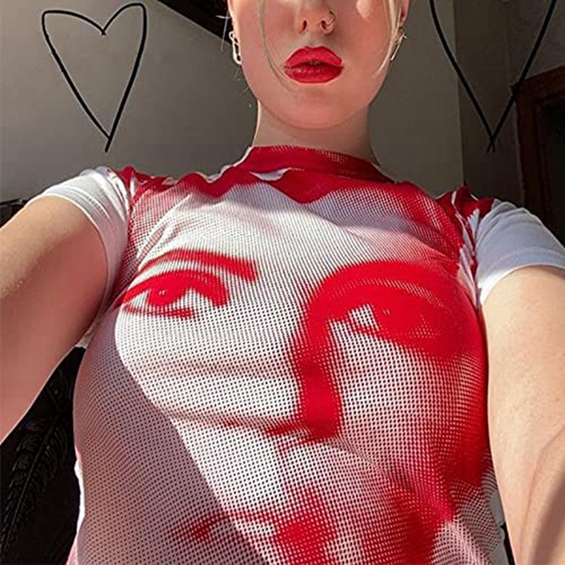 90s Vintage Portrait Graphic Print T-shirt Harajuku Crop Top Y2K Aesthetic Summer Slim Fit Tees Tops Women Streetwear Gothic