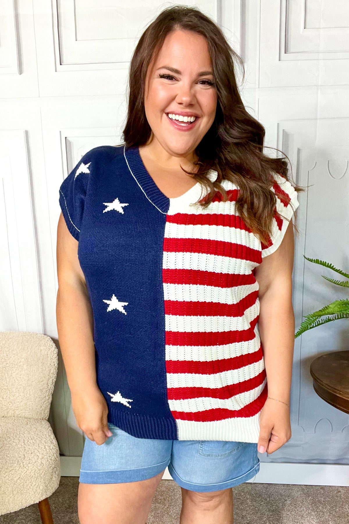 Maxct &Stars & Stripes Americana V Neck Dolman Sweater Top