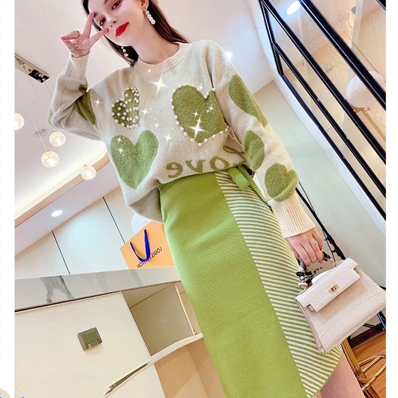 Maxct Lazy Sweater Two Piece set Women Sweet Heart-shaped beaded Pullover Jumper Top + Irregular Striped Skirt Knit 2PCS Sets